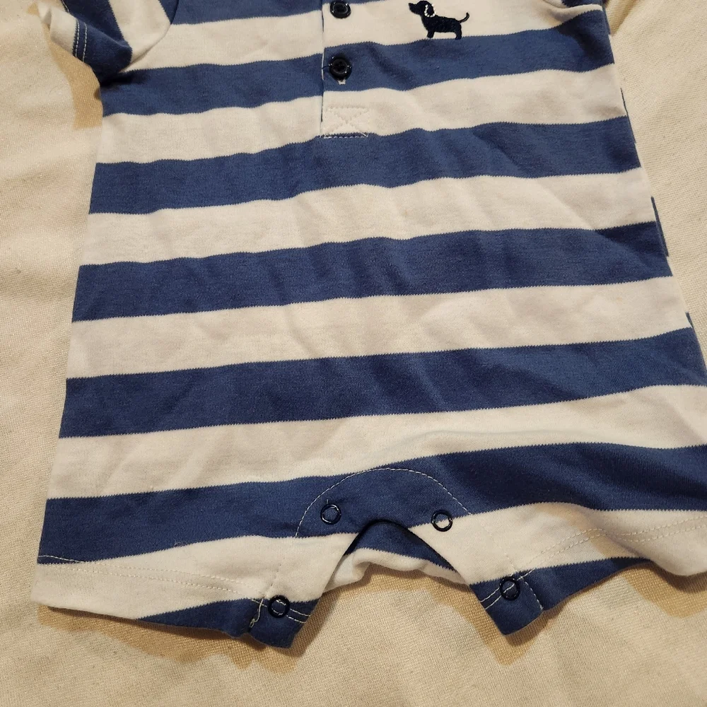 Little Me Baby Boy Striped Henley Romper Puppy Dog Blue White 3M